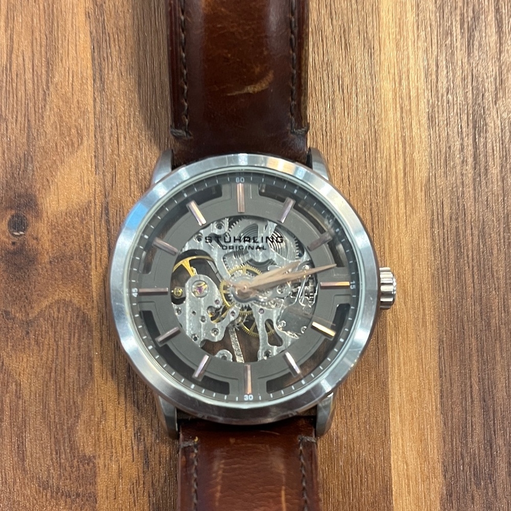 Stuhrling Skeleton Watch with Brown Leather Strap